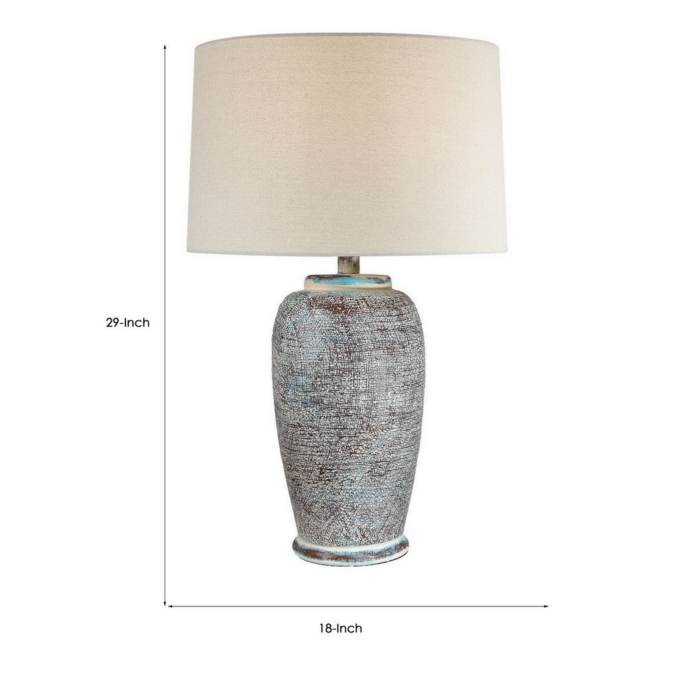 Alin 29 Inch Hydrocal Table Lamp, Drum Shade, Urn Shaped Base, Misty Sky - BM305602