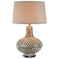 28 Inch Hydrocal Table Lamp, Drum Shade, Round Geometric Base, Brown, Cream - BM305621