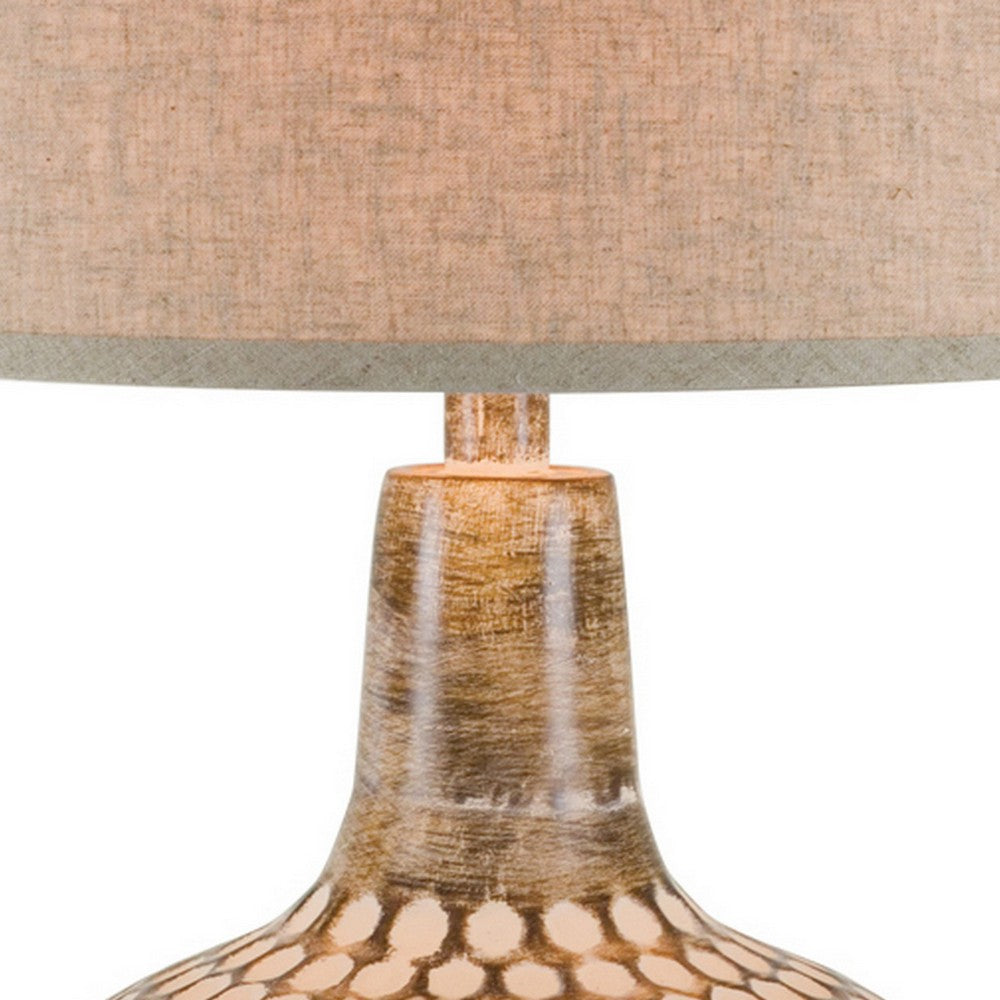 28 Inch Hydrocal Table Lamp, Drum Shade, Round Geometric Base, Brown, Cream - BM305621