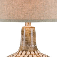 28 Inch Hydrocal Table Lamp, Drum Shade, Round Geometric Base, Brown, Cream - BM305621