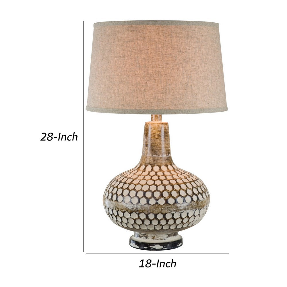 28 Inch Hydrocal Table Lamp, Drum Shade, Round Geometric Base, Brown, Cream - BM305621