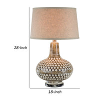 28 Inch Hydrocal Table Lamp, Drum Shade, Round Geometric Base, Brown, Cream - BM305621