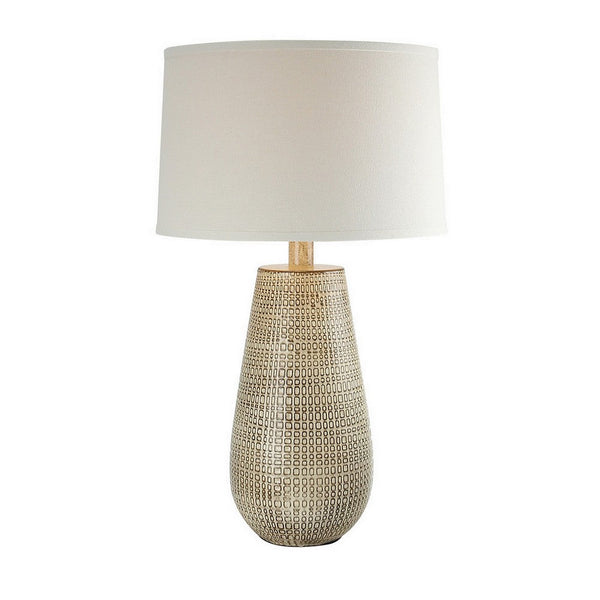 28 Inch Hydrocal Table Lamp, Drum Shade, Curved Geometric Base, Brown - BM305628