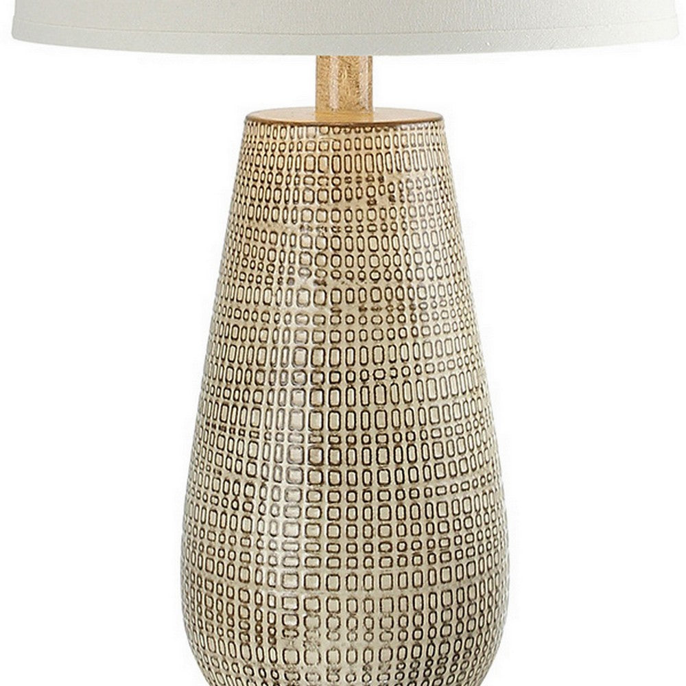 28 Inch Hydrocal Table Lamp, Drum Shade, Curved Geometric Base, Brown - BM305628