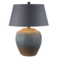 Buen 28 Inch Hydrocal Table Lamp, Black Drum Shade, Urn Base, Gray Rust - BM305639