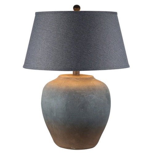 Buen 28 Inch Hydrocal Table Lamp, Black Drum Shade, Urn Base, Gray Rust - BM305639