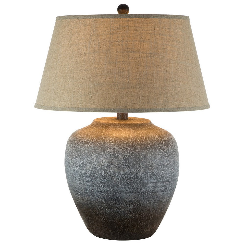 Buen 28 Inch Hydrocal Table Lamp, Drum Shade, Urn Base, Gray Rust Frost - BM305640