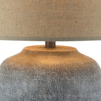 Buen 28 Inch Hydrocal Table Lamp, Drum Shade, Urn Base, Gray Rust Frost - BM305640