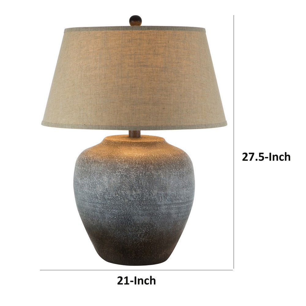 Buen 28 Inch Hydrocal Table Lamp, Drum Shade, Urn Base, Gray Rust Frost - BM305640