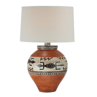 Kinn 24 Inch Hydrocal Table Lamp, Drum Shade, Tribal Style Urn Base, Brown - BM305665