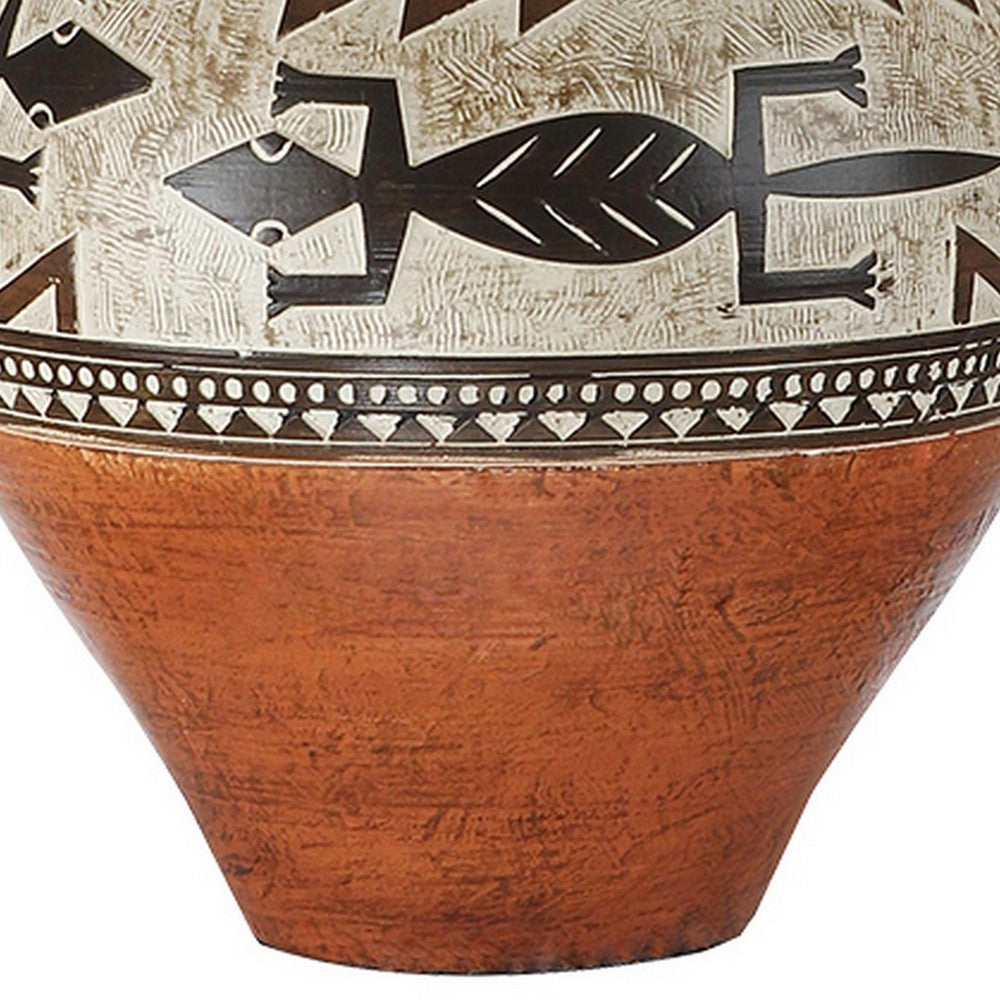 Kinn 24 Inch Hydrocal Table Lamp, Drum Shade, Tribal Style Urn Base, Brown - BM305665