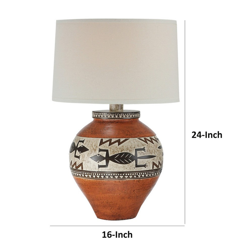 Kinn 24 Inch Hydrocal Table Lamp, Drum Shade, Tribal Style Urn Base, Brown - BM305665