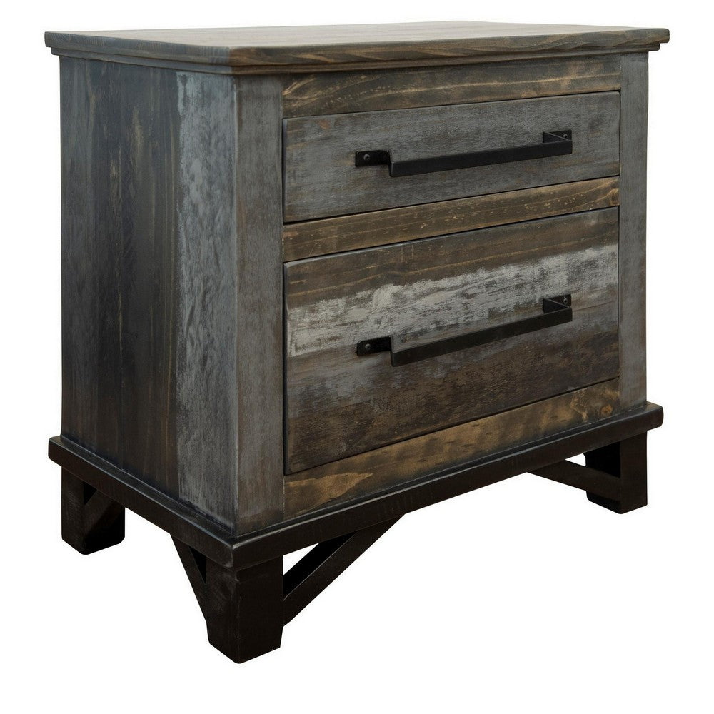 Peya 28 Inch Rustic Nightstand, 2 Drawers, Distress Gray, Brown Pine Wood - BM305668