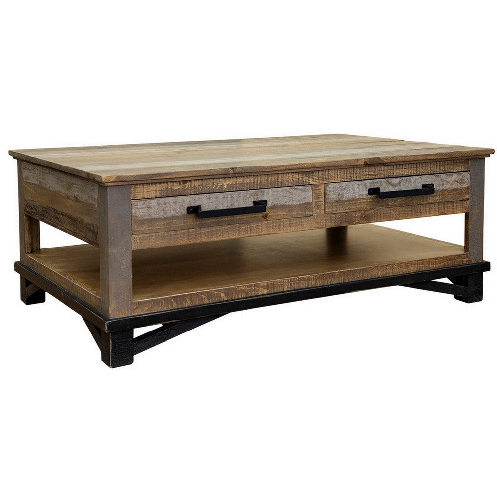 Peya 50 Inch 4 Drawer Coffee Table, Shelf, Distressed Gray, Brown Pine Wood - BM305687