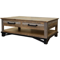 Peya 50 Inch 4 Drawer Coffee Table, Shelf, Distressed Gray, Brown Pine Wood - BM305687