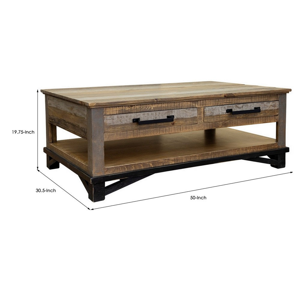 Peya 50 Inch 4 Drawer Coffee Table, Shelf, Distressed Gray, Brown Pine Wood - BM305687