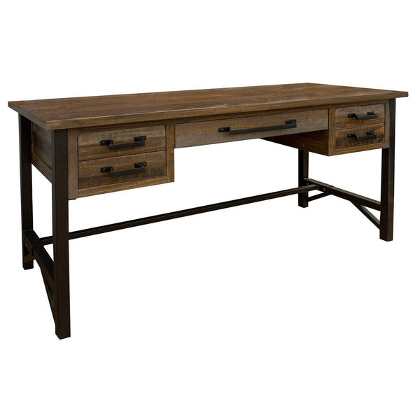 Peya 61 Inch 4 Drawer Desk, Keyboard Tray, Distressed Gray, Brown Pine Wood - BM305689