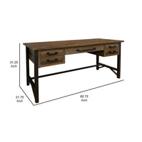 Peya 61 Inch 4 Drawer Desk, Keyboard Tray, Distressed Gray, Brown Pine Wood - BM305689