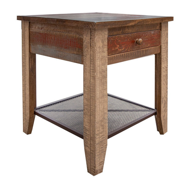 Fena 23 Inch Wide End Table, Single Drawer, Multicolor Distressed Pine Wood - BM306509