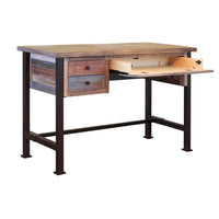 Fena 48 Inch 3 Drawer Office Desk, Iron Base, Multicolor Distress Pine Wood - BM306538