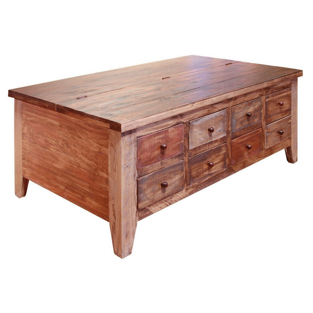 Fena 50 Inch 8 Drawer Coffee Table, Lift Top, Multicolor Distress Pine Wood - BM306540