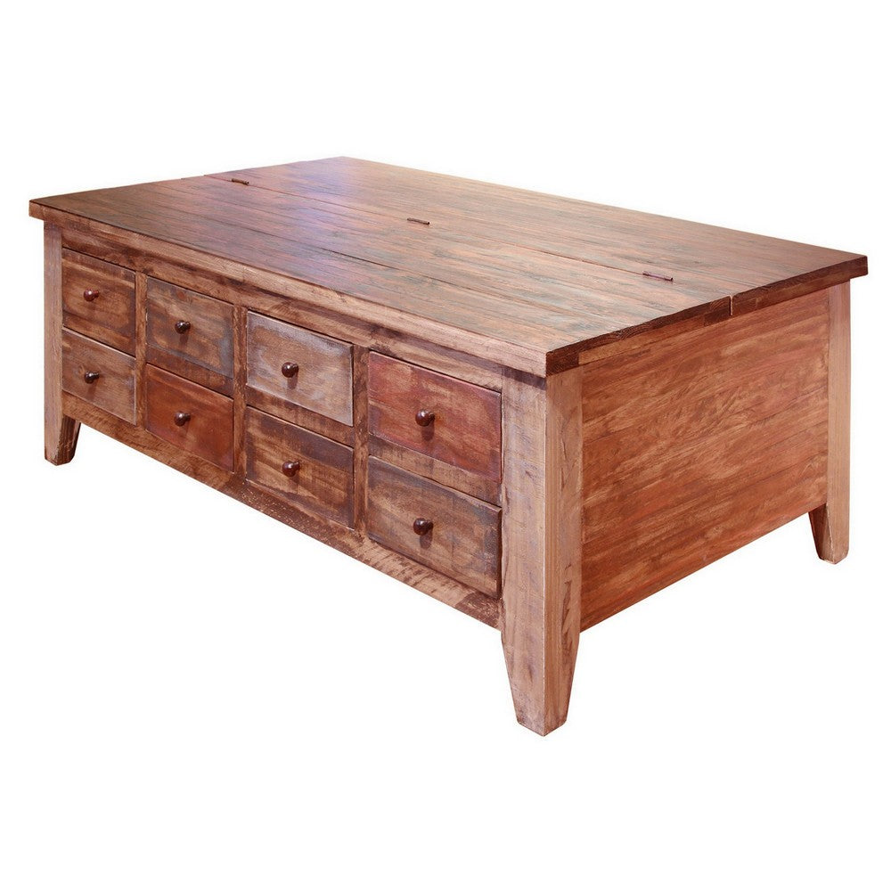 Fena 50 Inch 8 Drawer Coffee Table, Lift Top, Multicolor Distress Pine Wood - BM306540