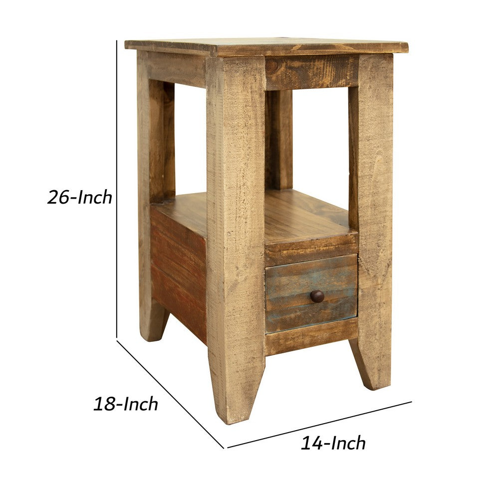 Fena 26 Inch Narrow End Table, Open Shelf, Multicolor Distress Pine Wood - BM306542