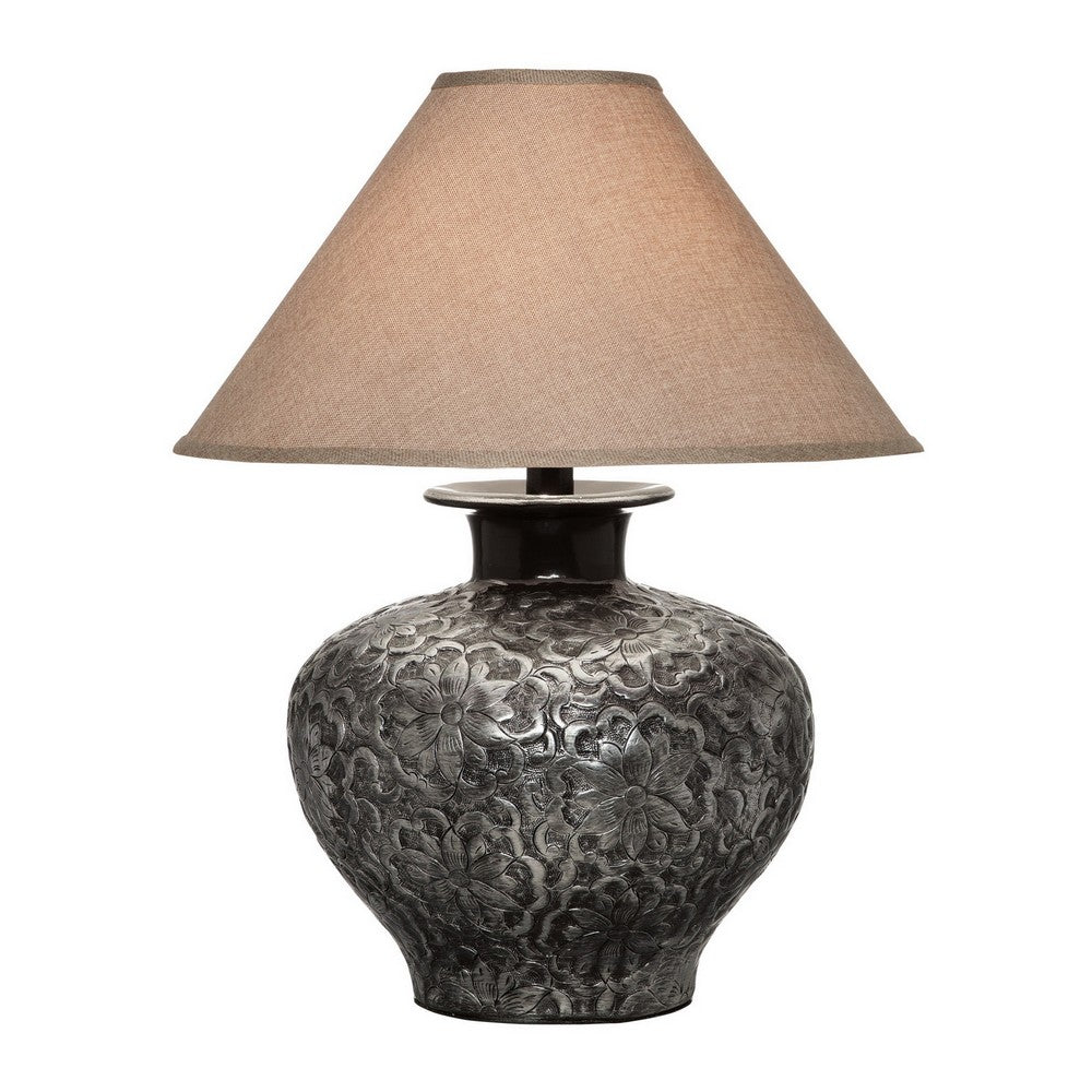 Neji 26 Inch Table Lamp, Curved Pot Design Base, Floral Pattern, Silver - BM306576