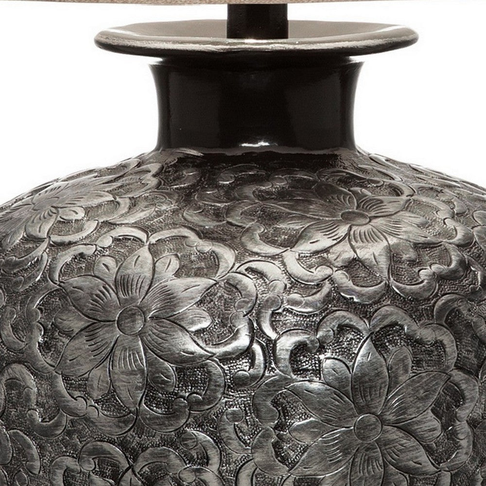 Neji 26 Inch Table Lamp, Curved Pot Design Base, Floral Pattern, Silver - BM306576