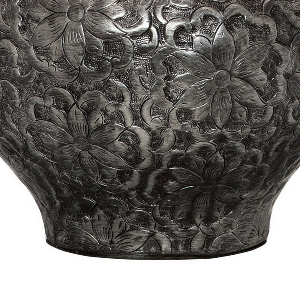 Neji 26 Inch Table Lamp, Curved Pot Design Base, Floral Pattern, Silver - BM306576