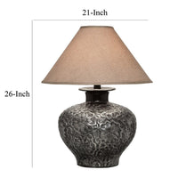 Neji 26 Inch Table Lamp, Curved Pot Design Base, Floral Pattern, Silver - BM306576