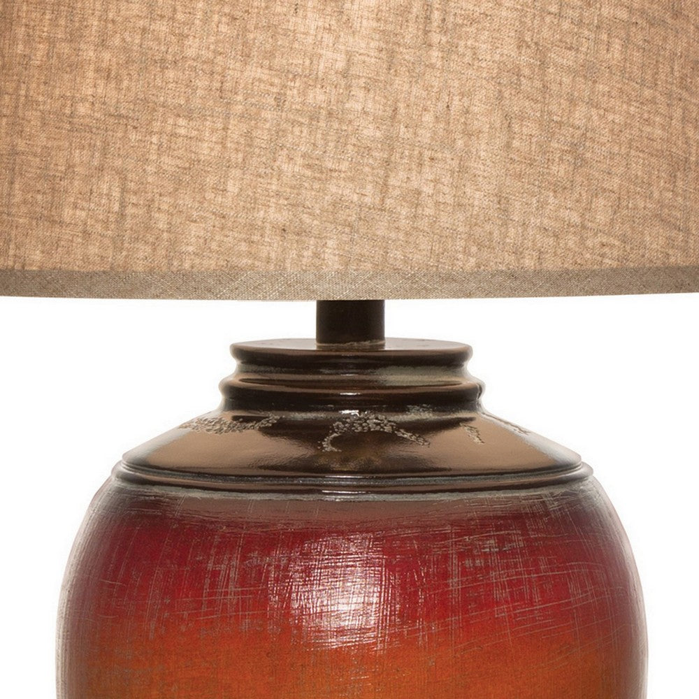 Ruhi 31 Inch Table Lamp, Curved Pot, Multicolor, Drum Shade, Brown, Orange  - BM306592