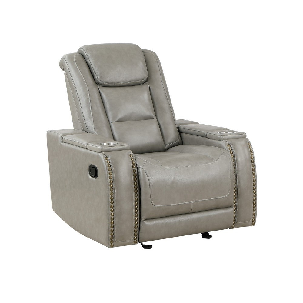 Luxe 39 Inch Manual Recliner, Genuine Leather, Smooth Gray Upholstery  - BM306699