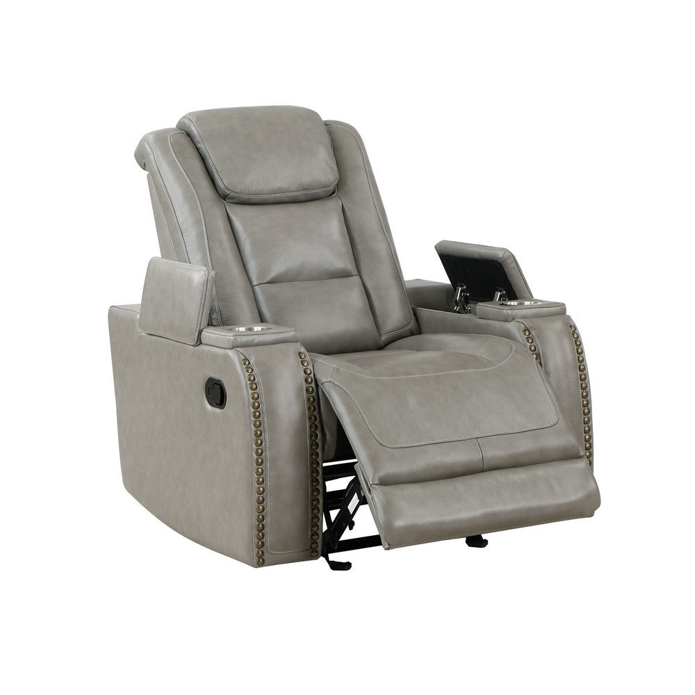 Luxe 39 Inch Manual Recliner, Genuine Leather, Smooth Gray Upholstery  - BM306699