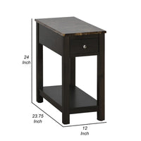Zeva 24 Inch Narrow Side End Table, Faux Marble Top, 1 Drawer, Brown - BM306716