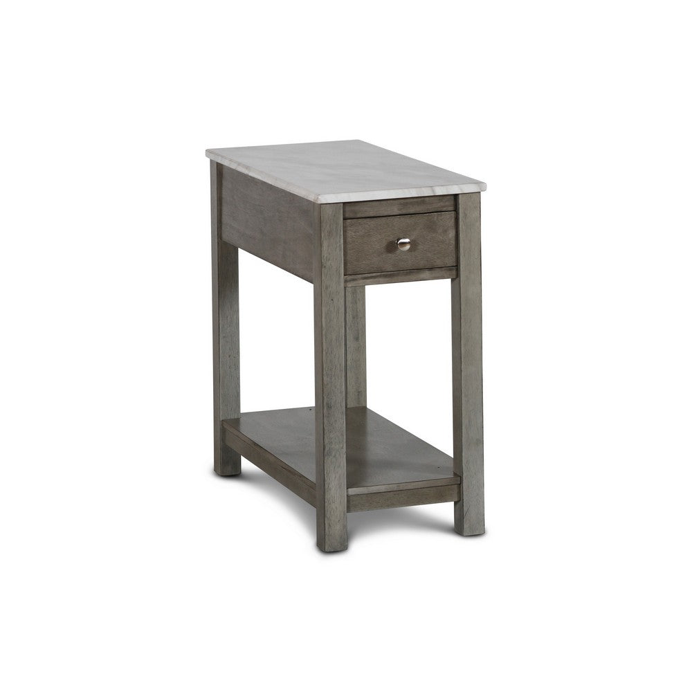 Zeva 24 Inch Narrow Side End Table, Faux Marble Top, 1 Drawer, Gray - BM306717