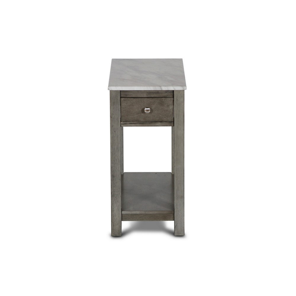 Zeva 24 Inch Narrow Side End Table, Faux Marble Top, 1 Drawer, Gray - BM306717