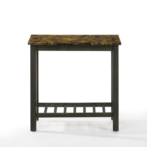 Elena 24 Inch Narrow Side Table, Lower Slatted Shelf, Faux Marble, Espresso - BM306722