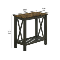 Elena 24 Inch Narrow Side Table, Lower Slatted Shelf, Faux Marble, Espresso - BM306722