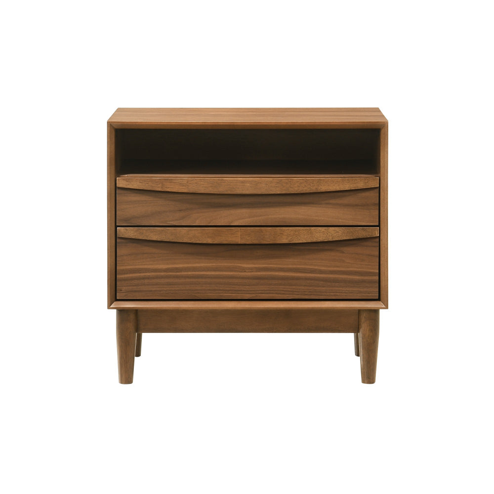 Mian 23 Inch Nightstand, 2 Drawer, Linear Undercut Handles, Wood, Walnut  - BM308837