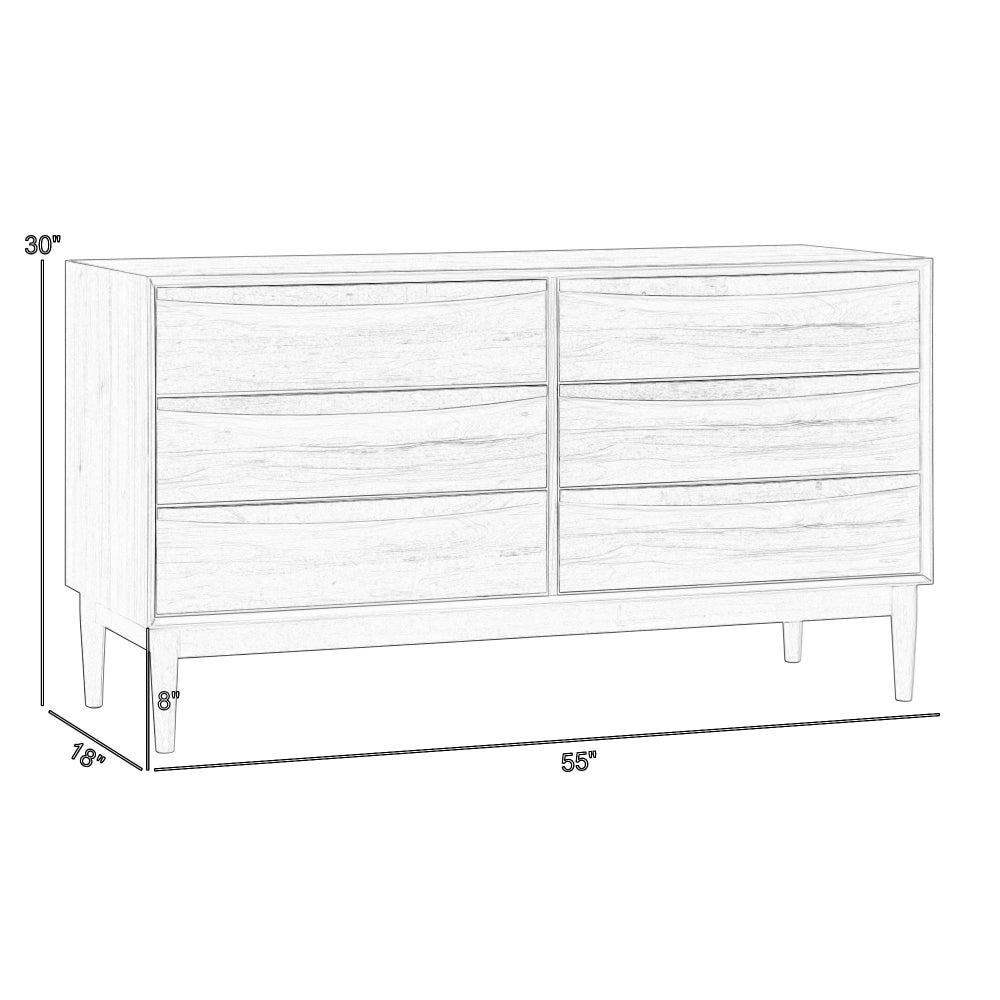 Mian 55 Inch Wide Dresser, 6 Drawer, Linear Undercut Handle, Walnut - BM308839