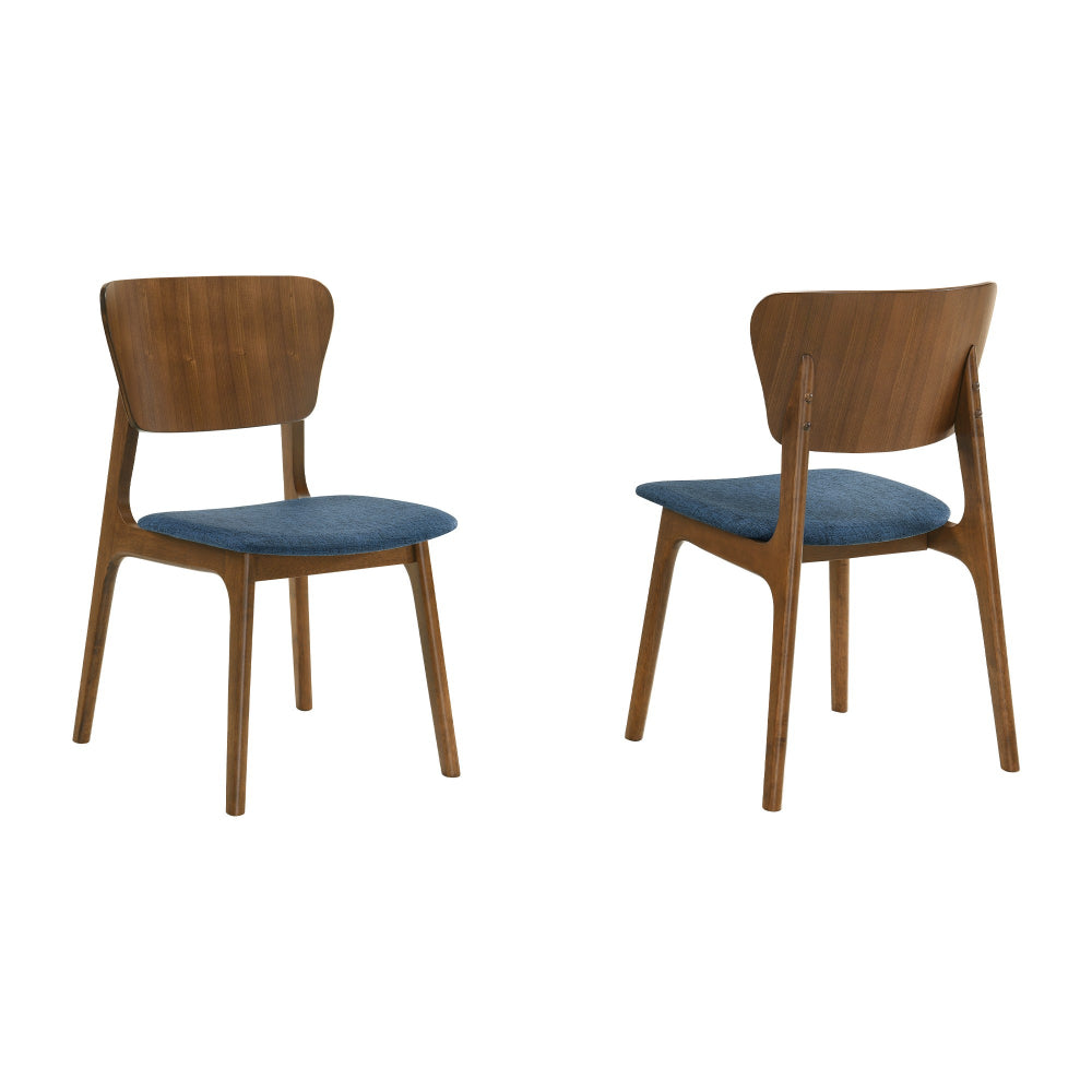 Kalie 24 Inch Dining Chair Set of 2, Padded Seat, Blue Fabric, Walnut Brown - BM308852