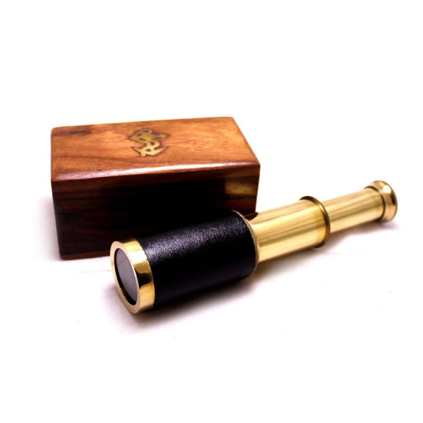 Small Brass Telescope with Pullout Wooden Box, Gold and Brown - BM34758