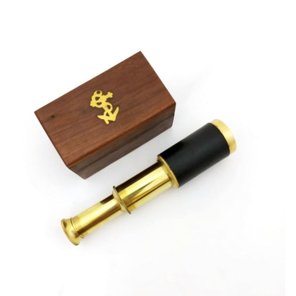 Small Brass Telescope with Pullout Wooden Box, Gold and Brown - BM34758