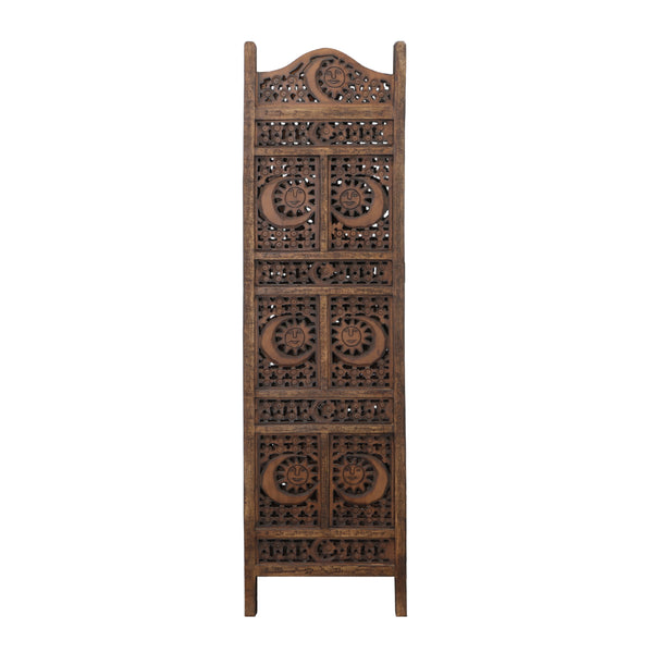71 Inch 4 Panel Mango Wood Room Divider, Hand Carved, Sun & Moon Design, Brown - BM34821