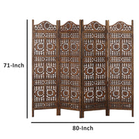 71 Inch 4 Panel Mango Wood Room Divider, Hand Carved, Sun & Moon Design, Brown - BM34821