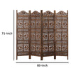 Hand Carved Sun And Moon Design Foldable 4 Panel Wooden Room Divider, Brown - BM34821