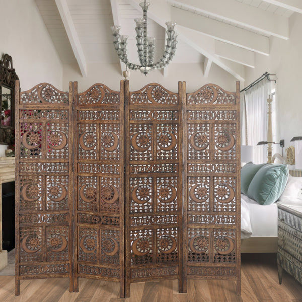 Hand Carved Sun And Moon Design Foldable 4 Panel Wooden Room Divider, Brown - BM34821