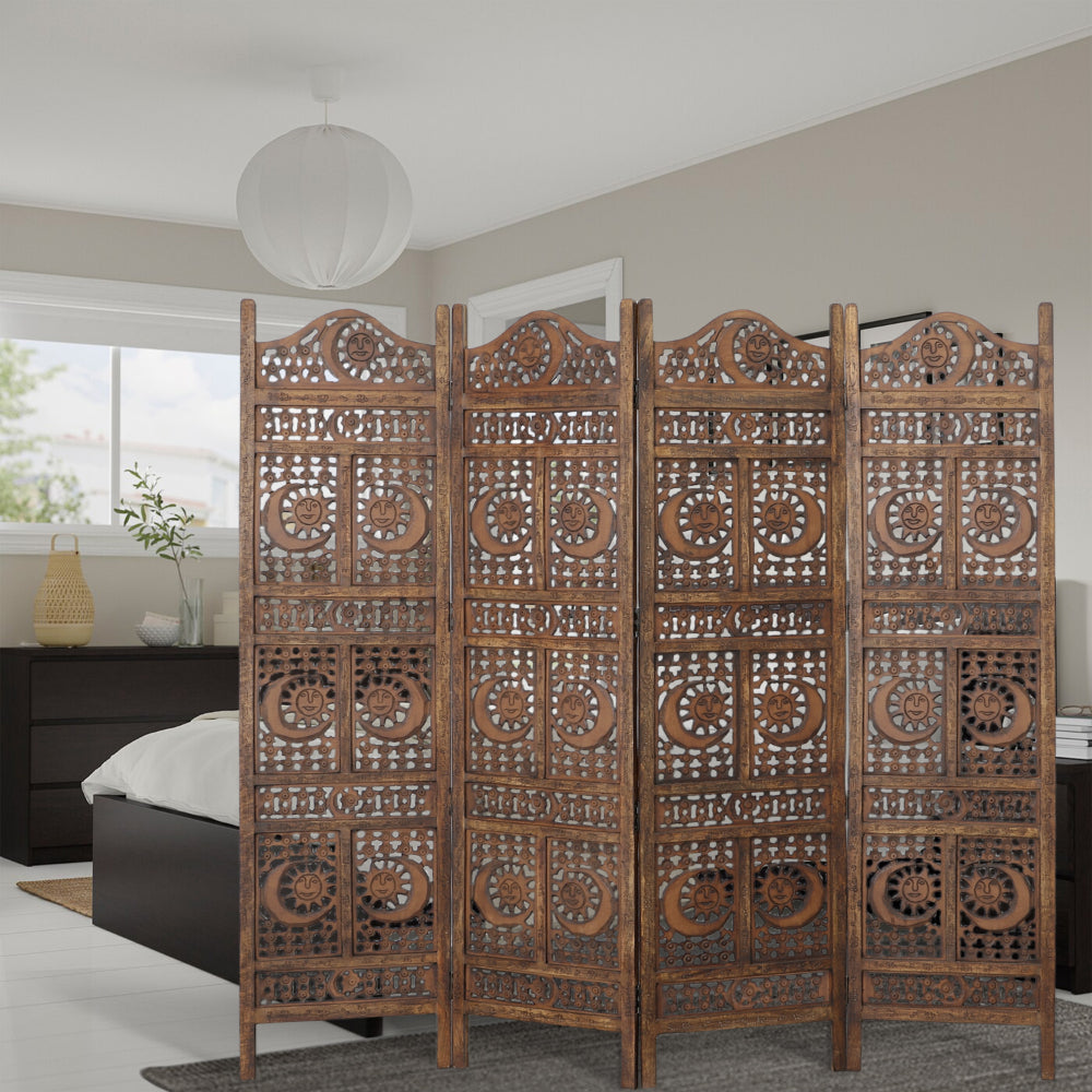Benzara 71 Inch 4 Panel Mango Wood Room Divider, Hand Carved, Sun & Moon  Design, Brown - BM34821