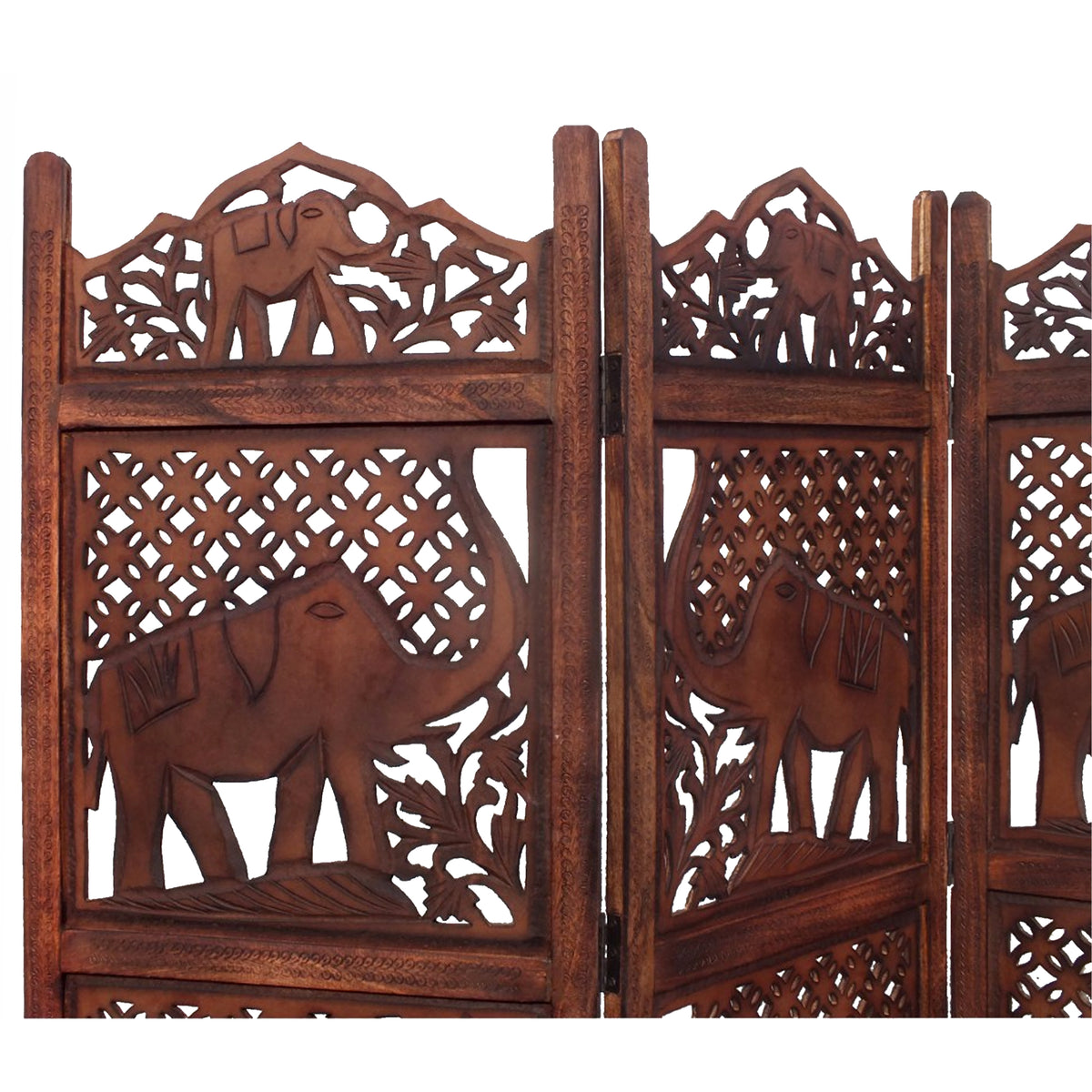 Zofi Hand Carved Elephant Design Foldable 4 Panel Wooden Room Divider, Brown - BM34823